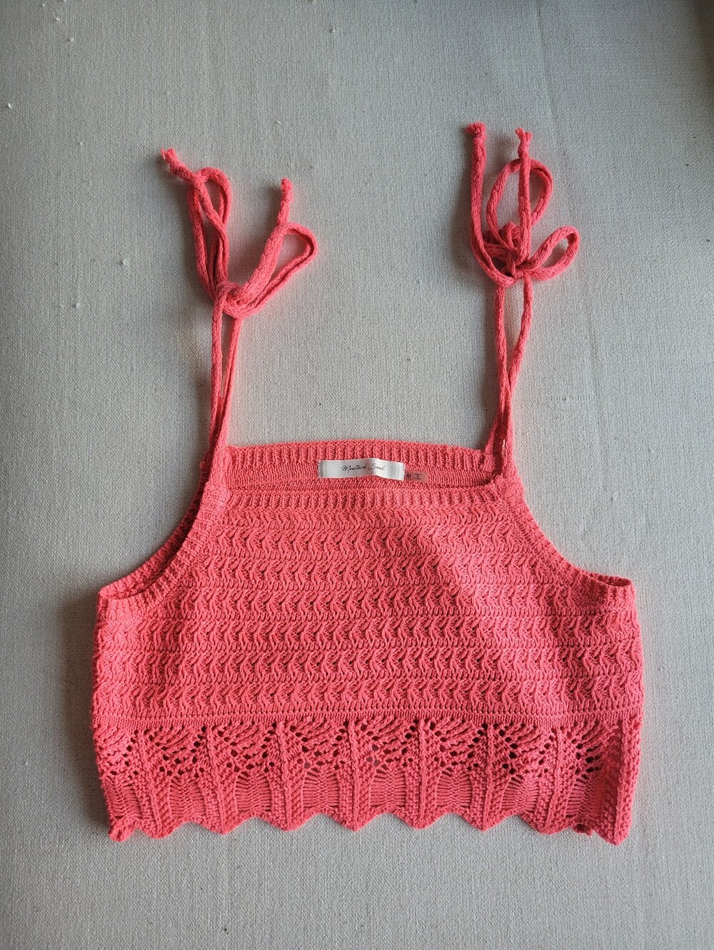 Coral Pink Crochet Knit Tie-Strap Crop Top Side Medium